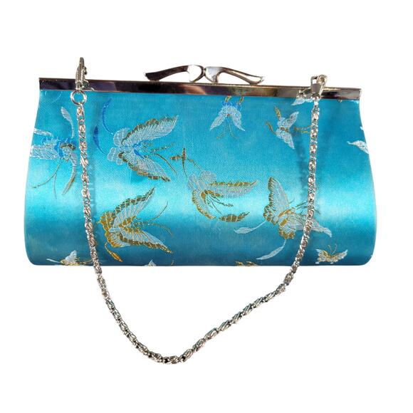 Sasha New York Blue Satin Clutch Purse Butterfly Design Silver Chain Handle - Picture 1 of 11